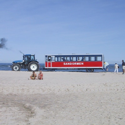 Traktor, hav, sand, strand